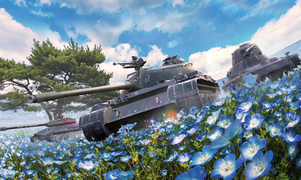 Tanks in flower field